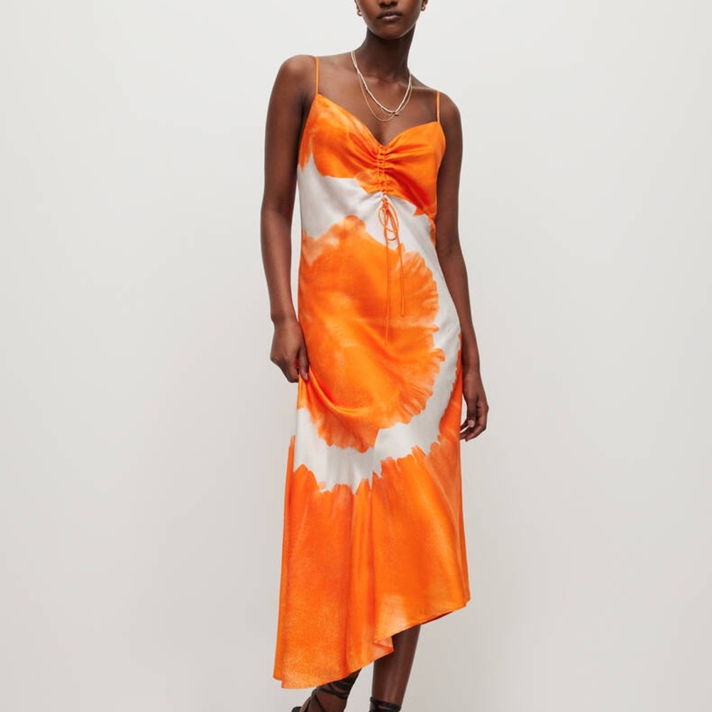 All Saints Alexia Silk Blend Mariana Midi Dress Orange